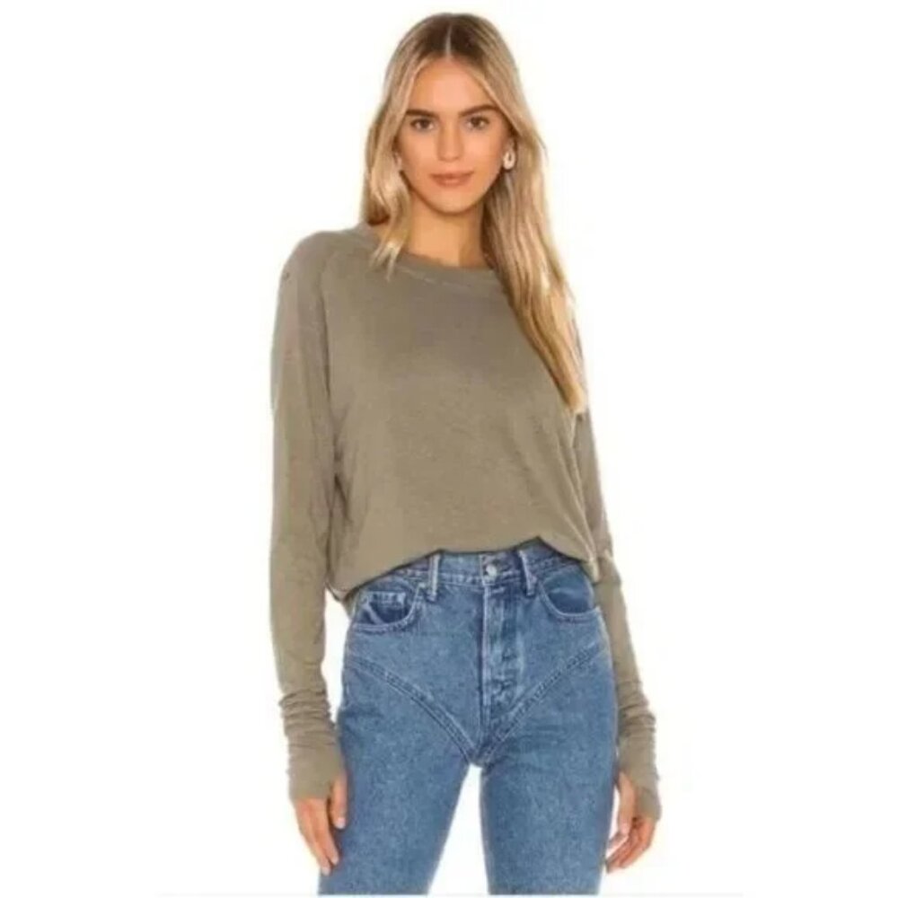 New Free People Arden Tee Long Sleeve Oversize Olive Washed Army Green S…